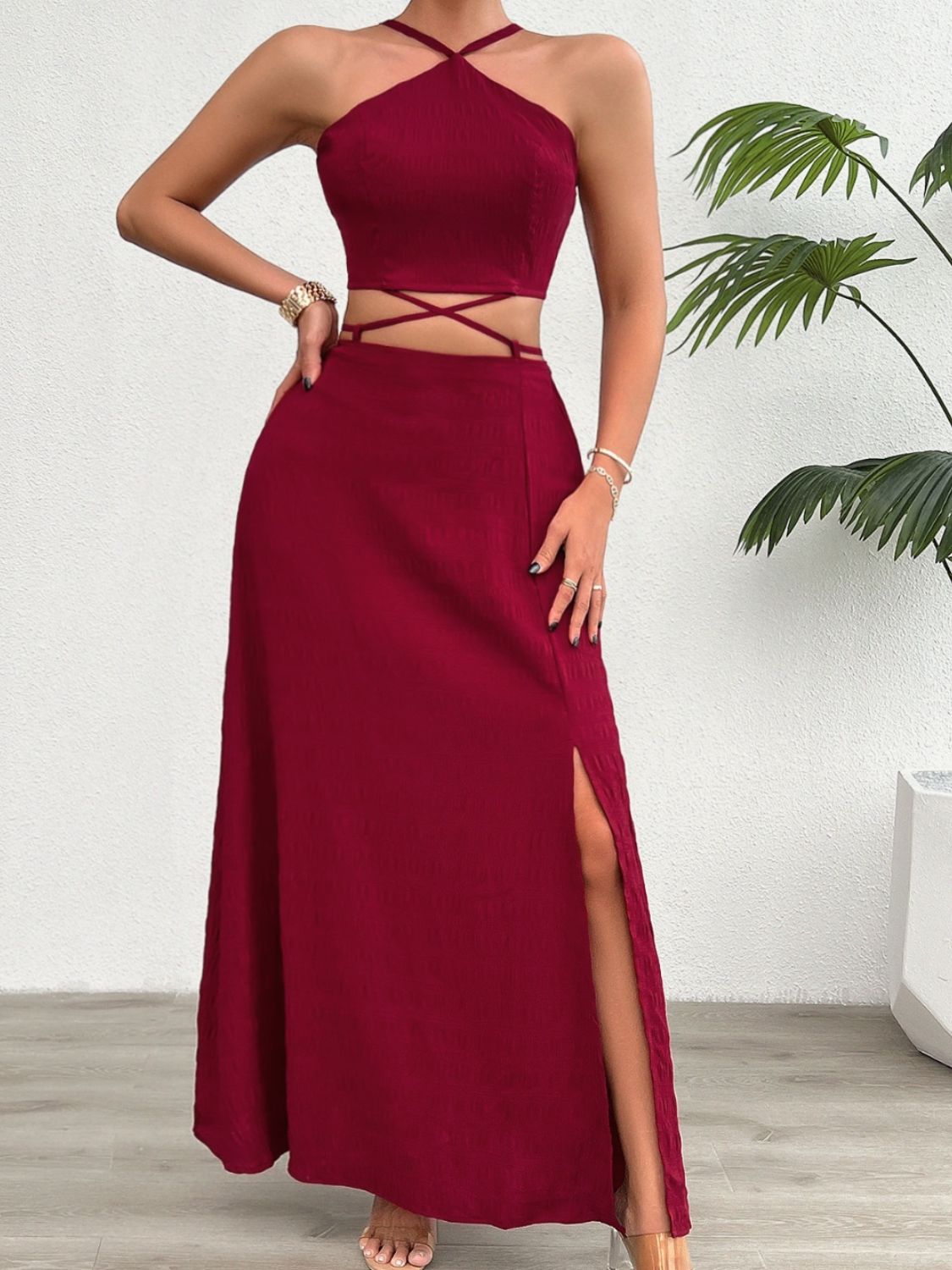 Grecian Neck Top and Slit Skirt Set