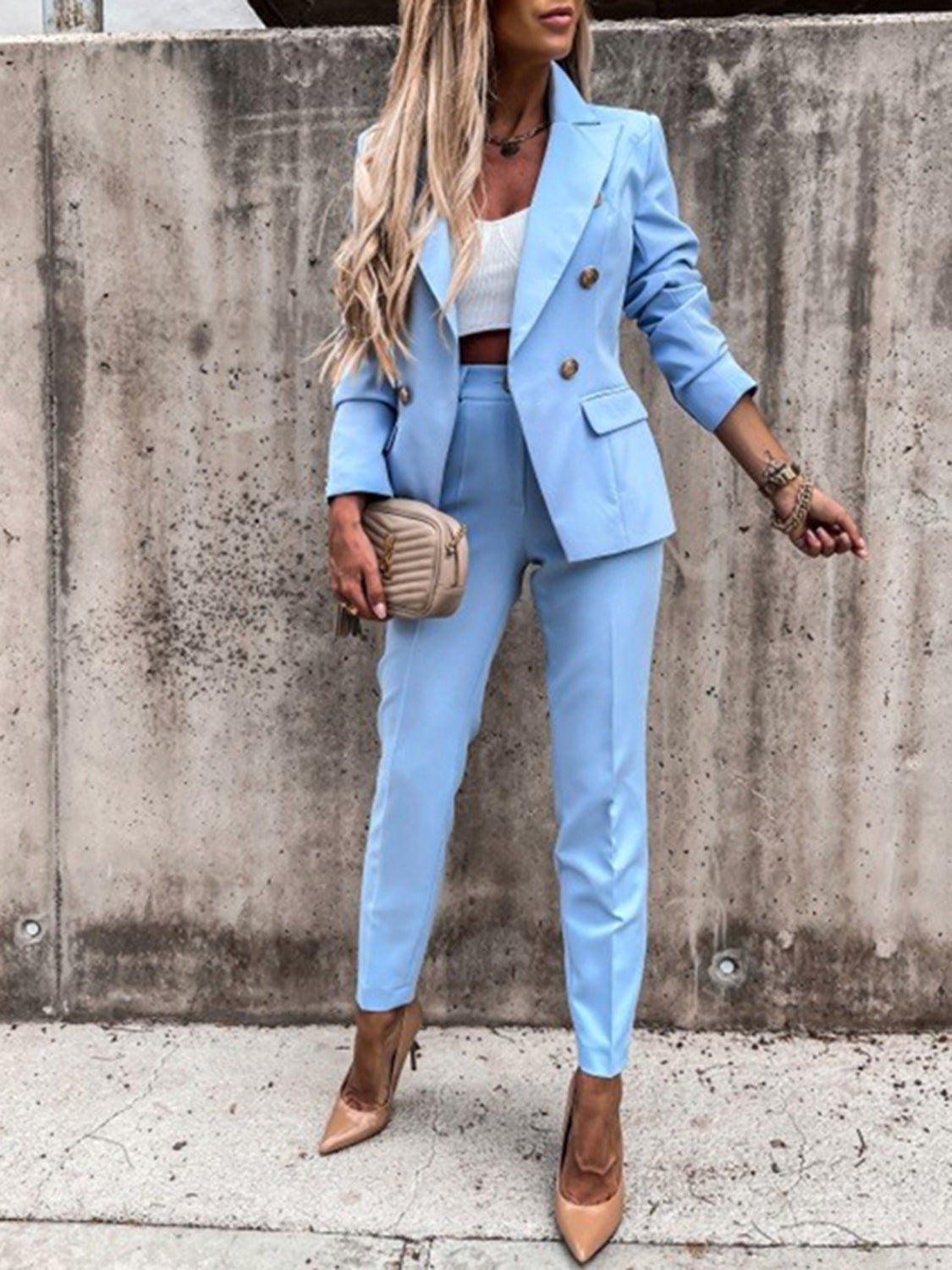 Deeny Lapel Collar Long Sleeve Blazer and Pants Set